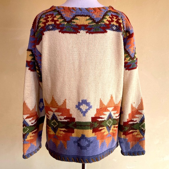 RALPH LAUREN COUNTRY 80’s HandKnit Native American Leather Whip Stitch Sweater M - Picture 5 of 14